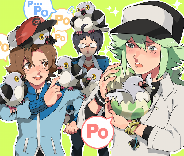 10s 3boys ahoge annoyed black_hair blush bracelet brown_eyes brown_hair cheren_(pokemon) frown gen_5_pokemon glasses green_eyes green_hair hilbert_(pokemon) jewelry long_hair male_focus multiple_boys n_(pokemon) necklace nintendo open_mouth pidove pokemon pokemon_(creature) pokemon_bw ponytail short_hair