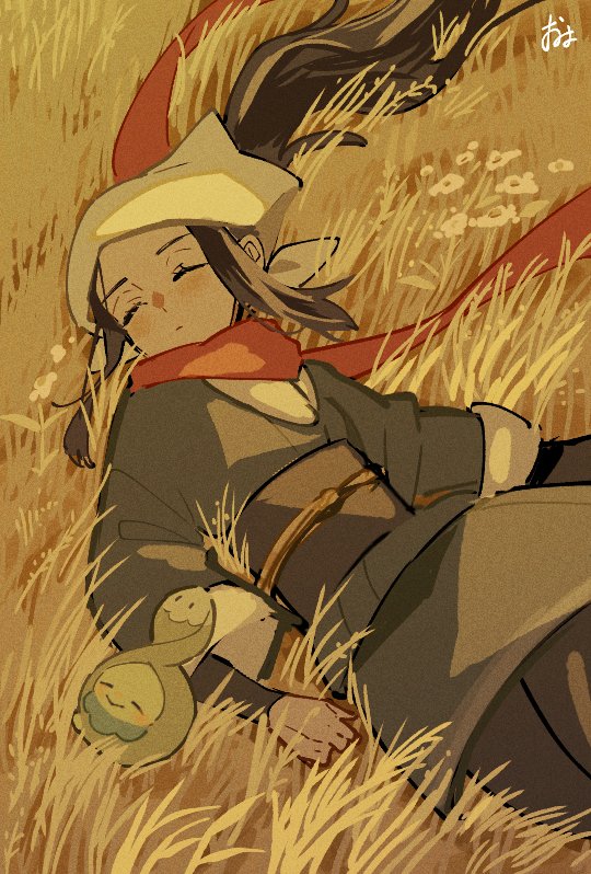 1girl akari_(pokemon) black_hair black_pantyhose black_shirt budew closed_eyes closed_mouth commentary_request eyelashes gen_4_pokemon grey_jacket grey_skirt headscarf jacket long_hair lying nintendo omyo_(myomyomyo22) on_back outdoors pantyhose pokemon pokemon_(creature) pokemon_legends:_arceus ponytail sash scarf shirt sidelocks signature skirt sleeping white_headscarf white_headwear
