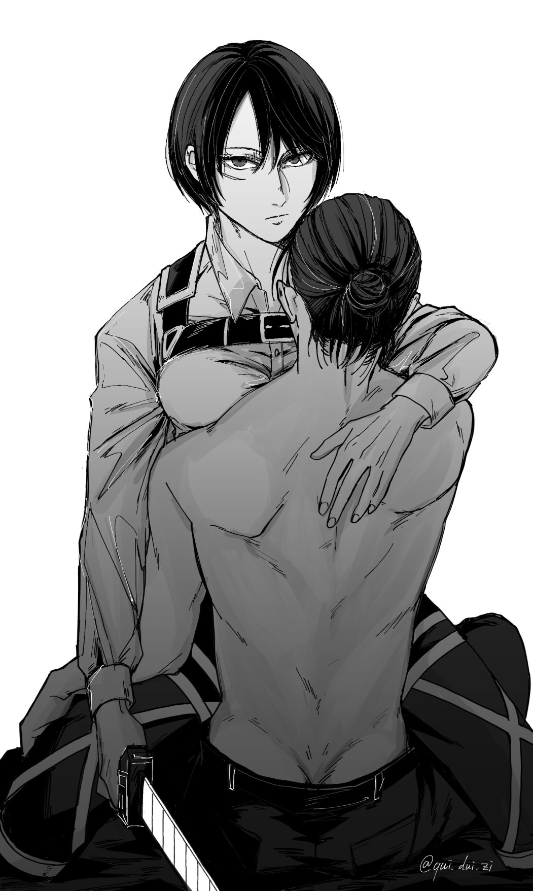 1boy 1girl arm_around_neck black_hair black_pants breasts closed_mouth collared_shirt couple eren_yeager facial_scar hair_between_eyes hair_bun harness hetero highres holding holding_weapon long_sleeves looking_at_viewer medium_breasts mikasa_ackerman pants qui_dui_zi scar scar_on_cheek scar_on_face shingeki_no_kyojin shirt short_hair straddling topless_male twitter_username upper_body weapon white_background white_shirt