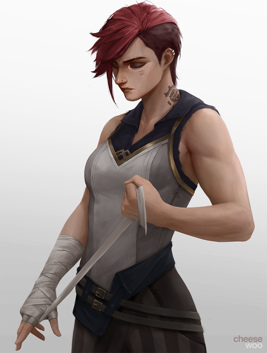 1girl arcane:_league_of_legends arcane_vi artist_name asymmetrical_hair bandaged_arm bandages bare_arms bare_shoulders breasts brown_pants character_name cheesewoo closed_eyes closed_mouth cowboy_shot earrings grey_background highres holding_bandages jewelry league_of_legends medium_breasts neck_tattoo nose_piercing pants piercing red_hair short_hair sidecut simple_background solo tattoo undercut vi_(league_of_legends)
