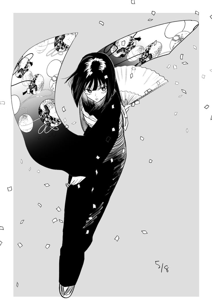 1boy androgynous bad_id bad_twitter_id ball black_eyes black_hair black_kimono blunt_ends bob_cut confetti eyelashes folding_fan furisode grey_background greyscale hand_fan hunter_x_hunter japanese_clothes kalluto_zoldyck kimono male_focus mole mole_under_mouth monochrome non-web_source obi obiage obijime patterned_clothing print_kimono remoname07 sash short_hair simple_background socks solo solo_focus temari_ball