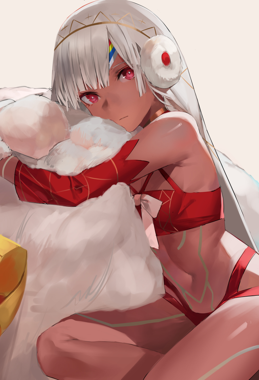 1girl altera_(fate) altera_the_santa_(fate) bare_shoulders bikini blazpu blush breasts choker collarbone commentary_request dark-skinned_female dark_skin detached_sleeves earmuffs fate/grand_order fate_(series) highres looking_at_viewer medium_breasts mittens photoshop_(medium) red_bikini red_eyes short_hair solo swimsuit thighs veil white_hair