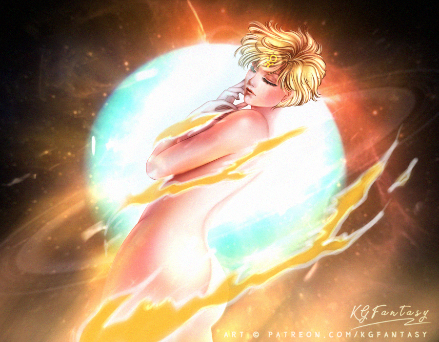 1girl androgynous arched_back armpits artist_name artistic_nudity ass back bishoujo_senshi_sailor_moon blonde_hair breasts closed_eyes closed_mouth collarbone completely_nude energy epic expressionless eyelashes facial_mark female_focus fingernails fingers_to_cheeks forehead_mark from_behind hand_on_own_chest kgfantasy legs legs_together light_rays lipstick long_fingernails makeup navel neck nude outstretched_arms parted_bangs parted_lips planet sailor_uranus short_hair shoulder_blades sideboob space spread_arms symbol ten&#039;ou_haruka thighs thighs_together tomboy turning_head unworn_clothes uranus_(planet) uranus_symbol