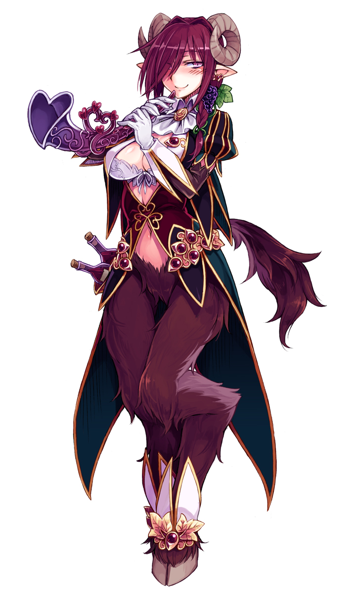 1girl ascot bottle bottomless braid breasts brooch digitigrade female_focus food fruit full_body fur gloves goat_horns grapes hair_over_one_eye highres hooves horn_(instrument) horns instrument jewelry kenkou_cross large_breasts looking_at_viewer monster_girl monster_girl_encyclopedia monster_girl_encyclopedia_ii navel official_art pink_eyes pointy_ears puffy_sleeves purple_hair satyr satyros_(monster_girl_encyclopedia) sheep_horns short_hair side_braid simple_background single_braid smile solo tail white_background white_gloves