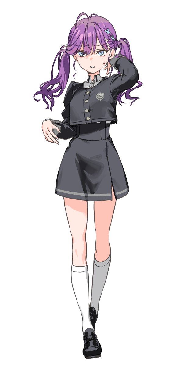 1girl ahoge bags_under_eyes black_jacket black_skirt blue_eyes blush butterfly_hair_ornament collared_shirt cropped_jacket gakuen_idolmaster gokugetsu_academy_school_uniform haimura_kiyotaka hair_between_eyes hair_ornament high-waist_skirt highres idolmaster jacket kaya_rinha kneehighs loafers long_hair long_sleeves looking_at_viewer open_mouth purple_hair school_emblem school_uniform shirt shoes simple_background skirt socks solo twintails white_background white_shirt white_socks