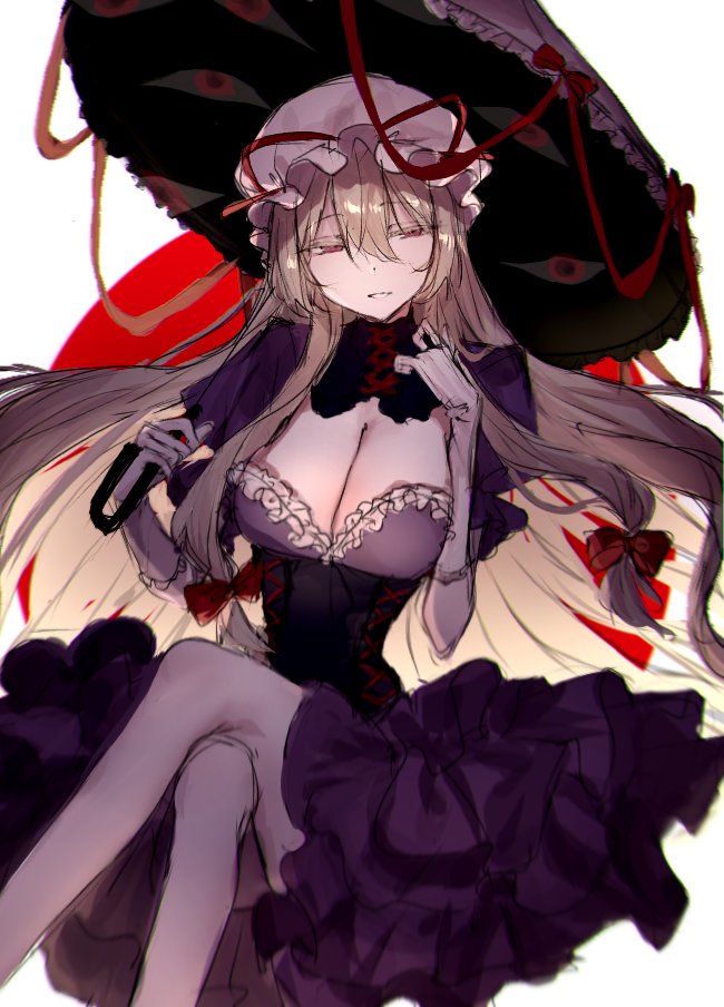1girl blonde_hair breasts cleavage crossed_legs dress elbow_gloves frills gap_(touhou) gloves hair_between_eyes hair_ribbon hat holding holding_umbrella large_breasts light_smile long_hair mob_cap purple_dress purple_eyes ribbon short_sleeves solo t03p0iungjj1krn teeth thighhighs touhou umbrella very_long_hair white_gloves white_thighhighs yakumo_yukari
