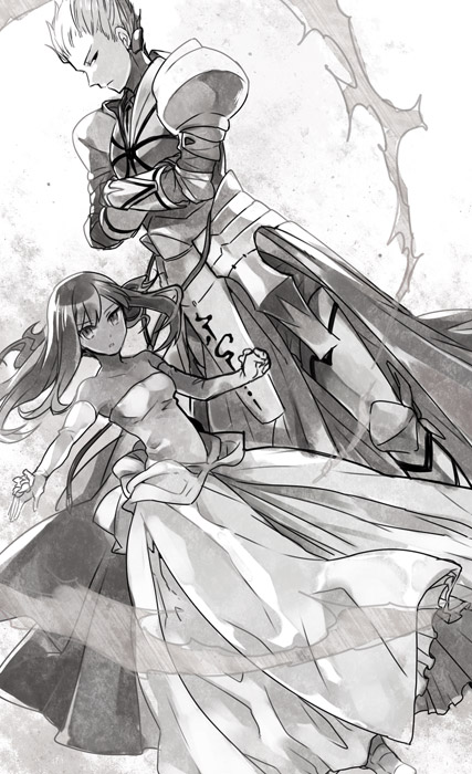1boy 1girl armor bad_id bad_pixiv_id dress elbow_gloves fate/strange_fake fate_(series) gilgamesh_(fate) gloves greyscale long_hair monochrome tine_chelc vox
