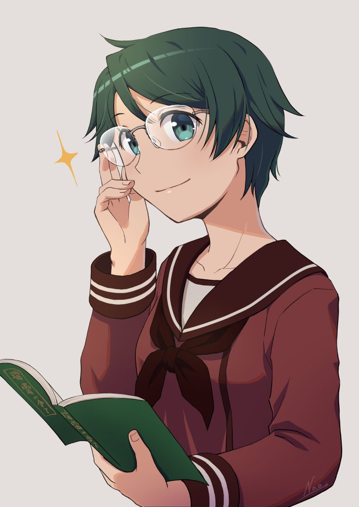 1girl adjusting_eyewear bespectacled black_hair book brown_neckerchief brown_sailor_collar brown_serafuku brown_shirt commentary_request glasses green_eyes grey_background kantai_collection mogami_(kancolle) nao_(nao_eg) neckerchief sailor_collar school_uniform serafuku shirt short_hair solo sparkle swept_bangs translation_request upper_body