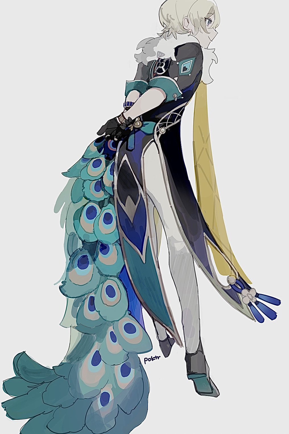 1boy arms_behind_back aventurine_(honkai:_star_rail) black_coat black_gloves blonde_hair bracelet coat commentary_request full_body fur-trimmed_coat fur_trim gloves hamutyurosu highres honkai:_star_rail honkai_(series) jewelry looking_at_viewer male_focus pants peacock_boy peacock_feathers purple_eyes short_hair sleeves_rolled_up smile solo twitter_username white_pants