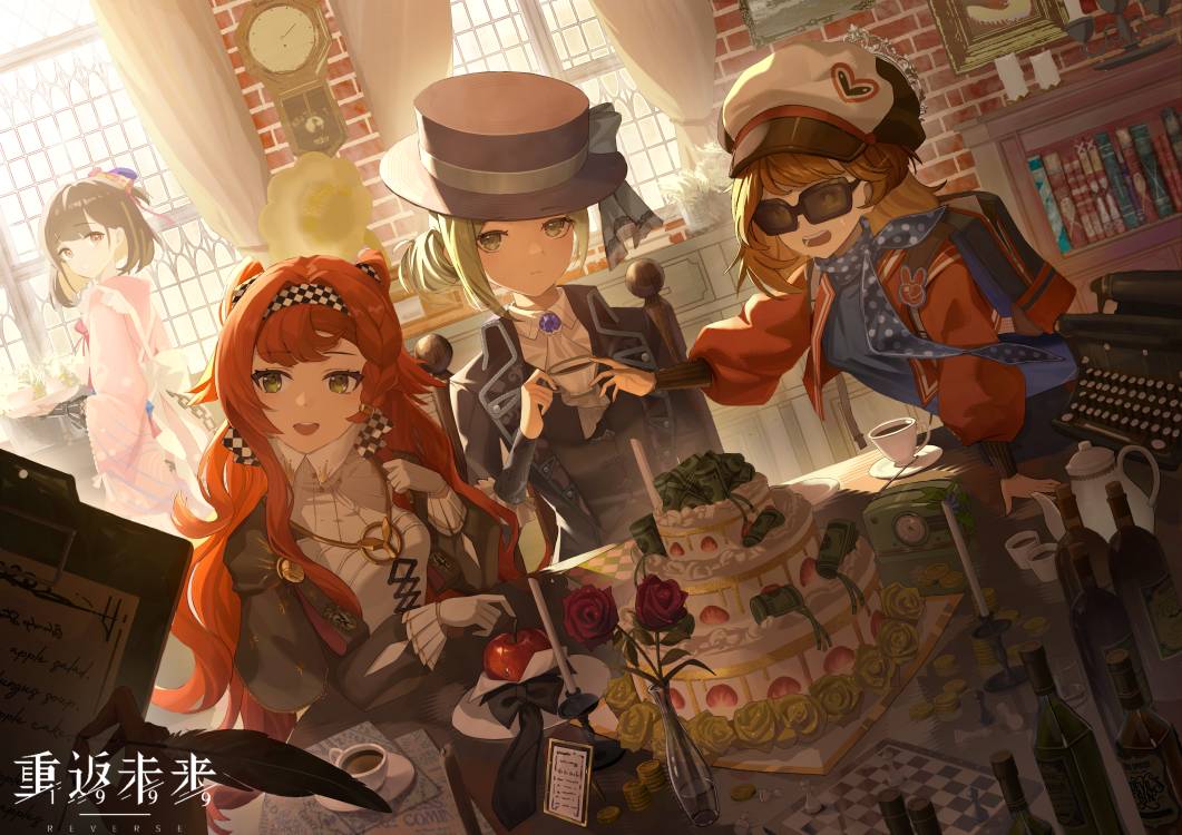 4girls :d apple apple_(reverse:1999) apron arm_support ascot backlighting backpack bag black_bow black_bowtie black_coat black_hat black_vest blue_bow blue_dress blue_neckerchief boater_hat book bookshelf bottle bow bowtie brick_wall brown_hair newsboy_cap cake checkered_hairband chess_piece chessboard clipboard clock closed_mouth coat collared_dress collared_shirt copyright_name cup dress dutch_angle flower food fruit gloves green_eyes grey_eyes grey_hair hair_bun hairband hand_on_table hat hat_bow high_collar holding holding_cup holding_plate holding_quill indoors jacket japanese_clothes kimono logo long_hair looking_back looking_to_the_side maid meidi1016 multiple_girls neckerchief open_mouth orange_hair outstretched_arm phonograph pink_kimono plate polka_dot_neckerchief quill red_flower red_jacket red_rose regulus_(reverse:1999) reverse:1999 rose round_table satsuki_(reverse:1999) saucer shirt short_hair single_side_bun smile sonetto_(reverse:1999) sunglasses table teacup teapot traditional_bowtie typewriter vertin_(reverse:1999) vest wa_maid waistcoat white_apron white_ascot white_dress white_gloves white_shirt window wine_bottle