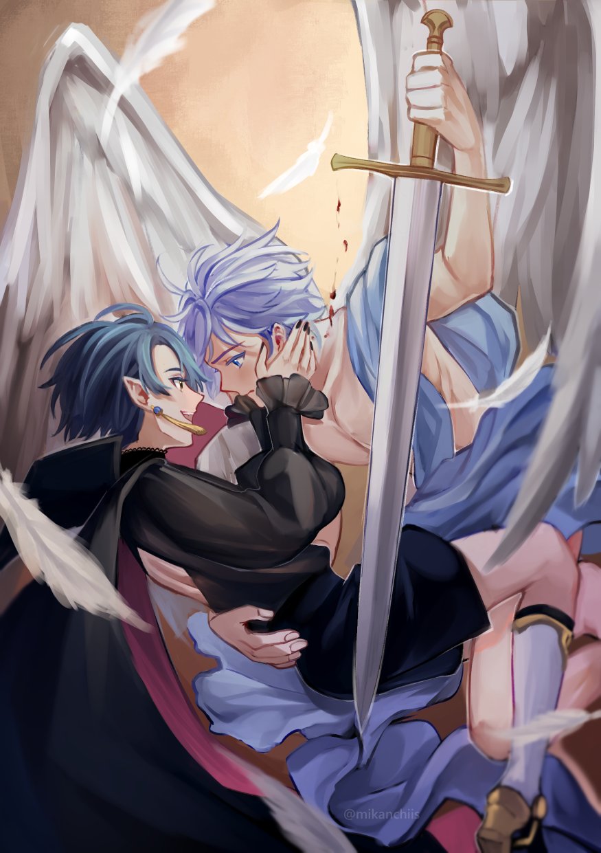 2boys :d ahoge angel angel_wings arm_up artist_name back_cutout bite_mark bite_mark_on_neck black_cape black_nails black_shirt black_shoes black_shorts blood blue_eyes blue_hair cape chongyun_(genshin_impact) closed_mouth clothing_cutout clothing_request collarbone collared_cape commentary earrings english_commentary eye_contact falling_feathers fangs feathered_wings feathers fingernails frilled_sleeves frills genshin_impact hands_on_another&#039;s_cheeks hands_on_another&#039;s_face hands_up highres holding holding_sword holding_weapon jewelry lace lace-trimmed_shirt lace_trim long_sleeves looking_at_another male_focus mikanchii multiple_boys nail_polish open_mouth parted_bangs pectorals pointy_ears puffy_sleeves red_cape shirt shoes short_hair short_shorts shorts smile socks sword tassel tassel_earrings teeth twitter_username two-sided_cape two-sided_fabric upper_teeth_only vampire weapon white_socks white_wings wings xingqiu_(genshin_impact) yaoi yellow_eyes