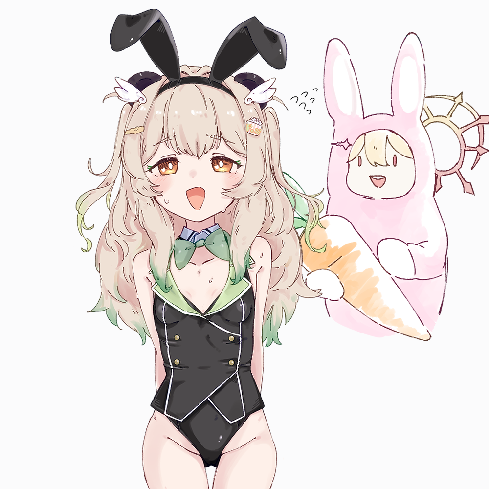2girls :d alternate_costume amatsuna_sasaha animal_costume animal_ears arms_behind_back black_leotard blush bow bowtie breasts bright_pupils brown_hair buranka buttons carrot commentary_request cowboy_shot fake_animal_ears flower green_bow green_bowtie halo hinata_mashu leotard long_hair looking_at_viewer multiple_girls nanashi_inc. open_mouth orange_eyes orange_halo panda_ears panda_girl rabbit_costume rabbit_ears simple_background small_breasts smile solo_focus virtual_youtuber white_background white_pupils