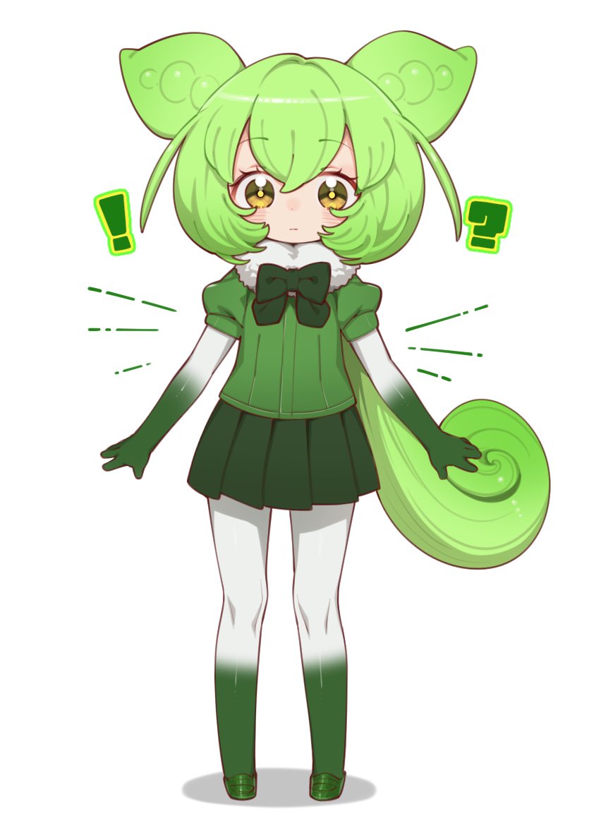 ! 1girl ? adapted_costume blush bow bowtie common_raccoon_(kemono_friends) common_raccoon_(kemono_friends)_(cosplay) cosplay elbow_gloves full_body fur_collar gloves gradient_gloves gradient_pantyhose green_bow green_bowtie green_gloves green_hair green_pantyhose green_shoes green_skirt green_sweater hair_between_eyes kemono_friends kemono_friends_3 notora pantyhose pleated_skirt puffy_short_sleeves puffy_sleeves shoes short_hair short_sleeves sidelocks skirt solo sweater voiceroid voicevox white_fur white_gloves white_pantyhose yellow_eyes zundamon