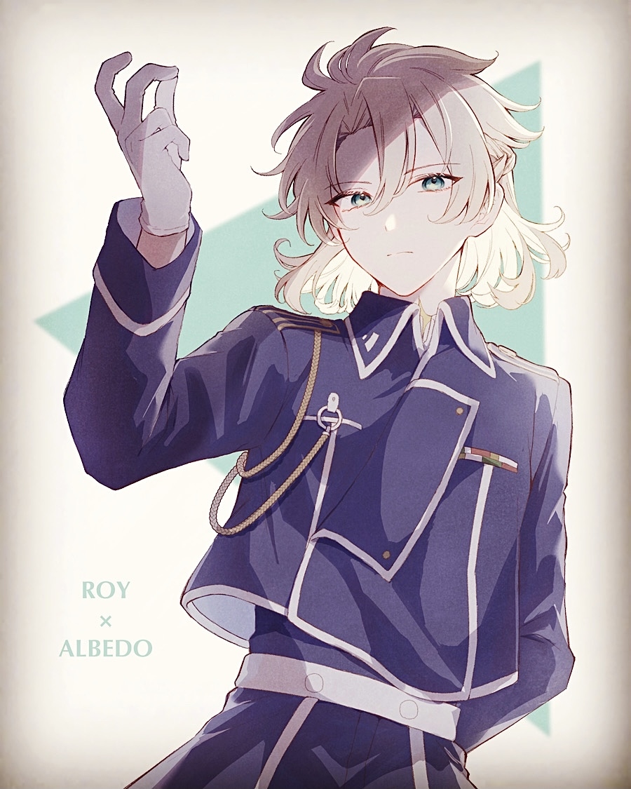 1boy albedo_(genshin_impact) amestris_military_uniform arm_behind_back blue_jacket character_name closed_mouth cosplay fullmetal_alchemist genshin_impact gloves grey_hair hair_between_eyes jacket long_sleeves looking_at_viewer male_focus military military_uniform rikka_44 roy_mustang roy_mustang_(cosplay) simple_background snapping_fingers solo white_gloves