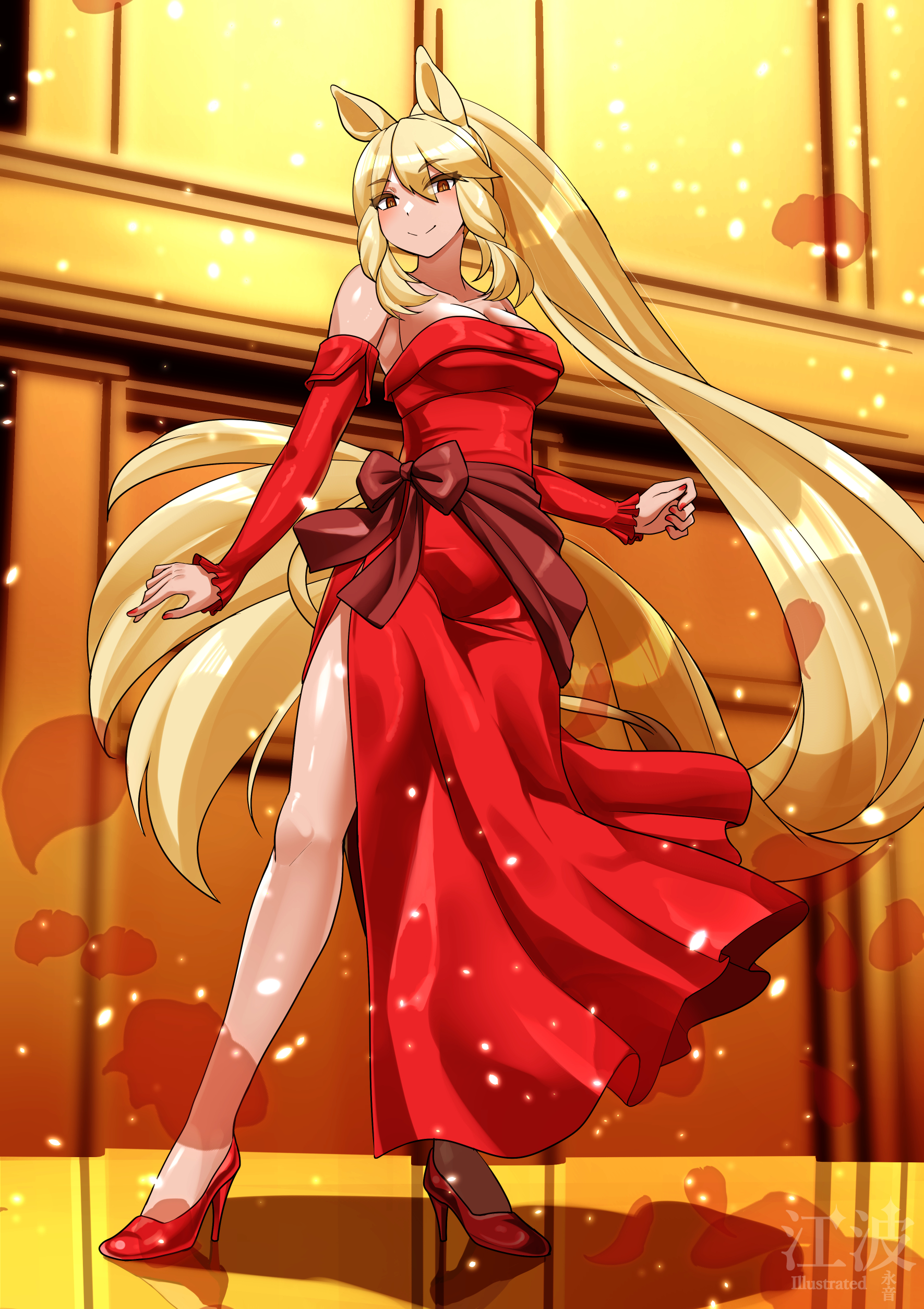 1girl absurdres alternate_costume animal_ears bare_shoulders blonde_hair blush detached_sleeves dress frilled_sleeves frills full_body hair_between_eyes high_heels highres kawanami_eito kemono_friends long_hair looking_at_viewer orange_eyes ponytail red_dress red_footwear rhinoceros_ears rhinoceros_girl rhinoceros_tail sidelocks smile solo white_rhinoceros_(kemono_friends)