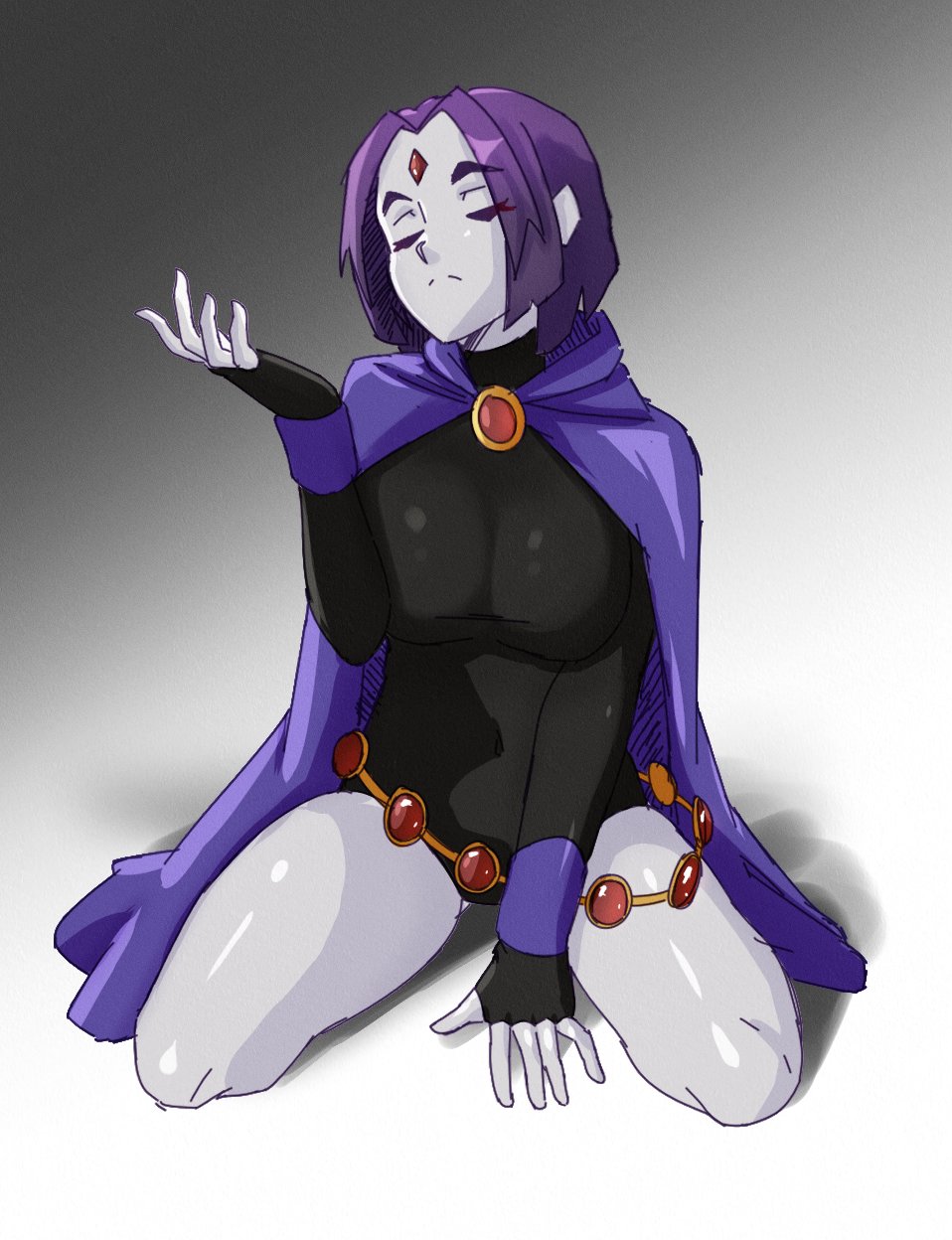 1girl black_leotard breasts cape cloak closed_eyes colored_skin commentary covered_navel dc_comics english_commentary forehead_jewel frown full_body grey_skin highres kneeling large_breasts leotard purple_cloak purple_hair raven_(dc) redaix shiny_skin short_hair sleeved_leotard solo superhero_costume teen_titans teen_titans_(tv_series) thighs