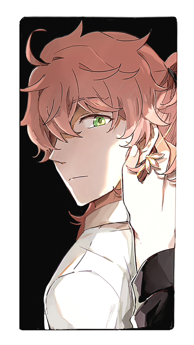 1boy ahoge black_background black_shirt border closed_mouth collared_shirt earrings fate/grand_order fate_(series) frown glint green_eyes hand_on_another&#039;s_ear jewelry long_hair long_sleeves looking_at_viewer male_focus orange_hair out_of_frame ponytail pov pov_hands romani_archaman ruoyin shirt simple_background solo_focus upper_body white_border white_shirt wing_collar