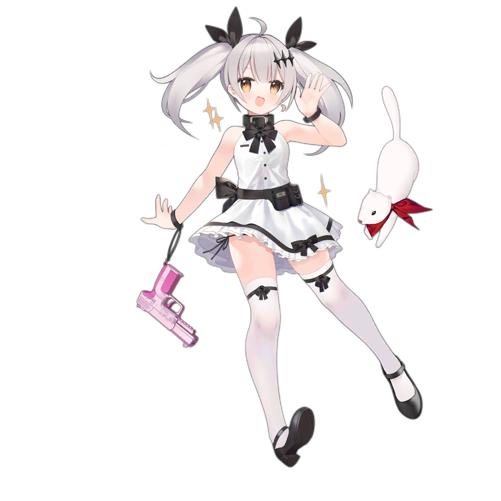 1girl aged_down ahoge animal belt black_panties black_ribbon black_shoes blush breasts brown_eyes closed_mouth clothes_lift collar crescent crescent_earrings dress dress_lift earrings ferret five-seven_(adventures_of_fenfen)_(girls&#039;_frontline) five-seven_(girls&#039;_frontline) fn_five-seven girls&#039;_frontline gun hair_ornament hair_ribbon handgun high_heels jewelry lifting_own_clothes long_hair looking_at_viewer medium_breasts neck_ribbon official_alternate_costume official_art open_mouth panties pdw-caliber_pistol pouch red_scarf ribbon scarf shoe_soles shoes short_dress side-tie_panties simple_background single_earring skindentation sleeveless sleeveless_dress smile solo sparkle standing suisai_(suisao) thighhighs torn_clothes torn_dress torn_thighhighs transparent_background twintails underwear waving weapon white_dress white_hair white_thighhighs wrist_straps