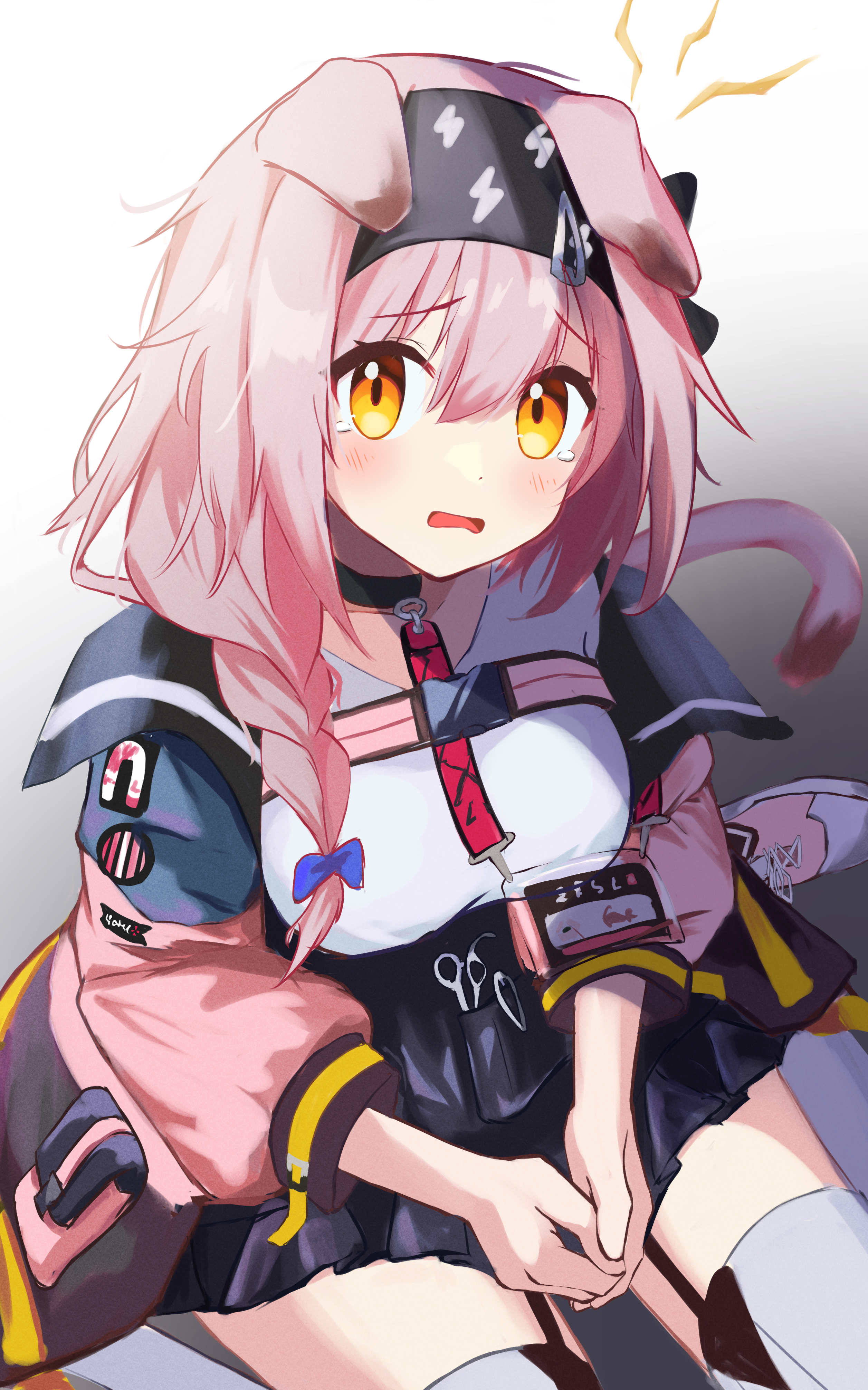 1girl absurdres animal_ears arknights black_headband black_skirt blush braid breasts cat_ears cat_girl cat_tail commentary foot_out_of_frame frown goldenglow_(arknights) hands_on_lap headband highres id_card jacket lightning lightning_bolt_print looking_at_viewer medium_breasts medium_hair messy_hair nekomatamago object_in_pocket open_clothes open_jacket open_mouth own_hands_together pink_hair pink_jacket pink_shoes pocket scissors scottish_fold shirt shoes side_braid skirt sneakers solo tail tearing_up thighhighs white_shirt white_thighhighs yellow_eyes