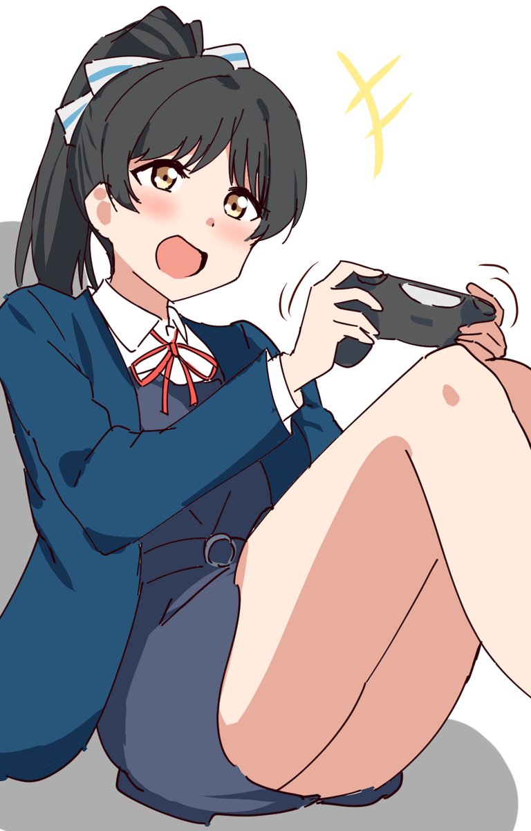 +++ 1girl :d black_hair blue_jacket blush bow collared_shirt commentary_request controller dress dress_shirt dualshock feet_out_of_frame game_controller gamepad grey_dress hair_bow haruno_riku hazuki_ren high_ponytail highres holding holding_controller holding_game_controller jacket knees_up long_hair long_sleeves love_live! love_live!_superstar!! neck_ribbon open_clothes open_jacket open_mouth playing_games playstation_controller ponytail red_ribbon ribbon school_uniform shirt short_dress simple_background sitting smile solo striped_bow thighs white_background white_bow white_shirt winter_uniform yellow_eyes yuigaoka_school_uniform