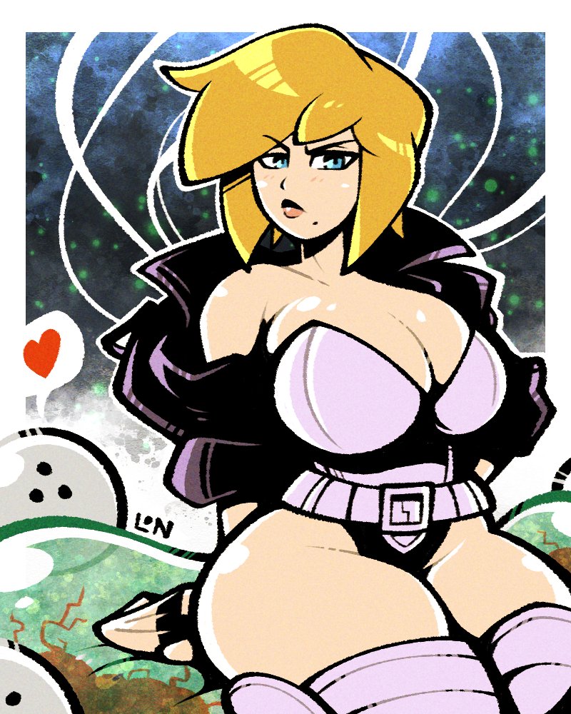 bare_hips blonde_hair blue_eyes breasts cleavage cosplay curvy ghost_in_the_shell kusanagi_motoko kusanagi_motoko_(cosplay) large_breasts legendofnerd leotard metroid metroid_(creature) metroid_larva mole mole_under_mouth nintendo samus_aran sitting speech_bubble tachikoma thick_thighs thighhighs thighs