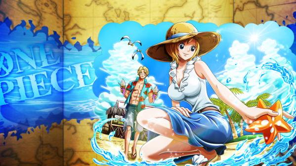 1boy 1girl abs animal bare_arms beach belt belt_buckle bird bird blonde_hair blue_eyes blue_skirt blue_sky breasts buckle cleavage closed_mouth cloud collarbone copyright_name day facing_viewer food happy hat holding holding_animal holding_food holding_ice_cream ice_cream koala_(one_piece) large_breasts long_skirt looking_at_another looking_down muscular ocean one_piece open_clothes open_shirt orange_hair outdoors palm_tree pectorals sabo_(one_piece) sand sandals shirt short_hair shorts sitting skirt sky squatting standing starfish straw_hat sun sun_hat sun_light tree walking water