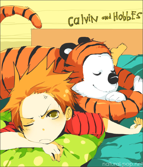 1boy anger_vein animal_ears bed blonde_hair brown_eyes calvin_&amp;_hobbes calvin_(calvin_&amp;_hobbes) closed_eyes hobbes_(calvin_&amp;_hobbes) loveariddle lying on_stomach pillow pout shirt short_hair shorts spiked_hair striped_clothes striped_shirt tail tiger tiger_ears tiger_tail
