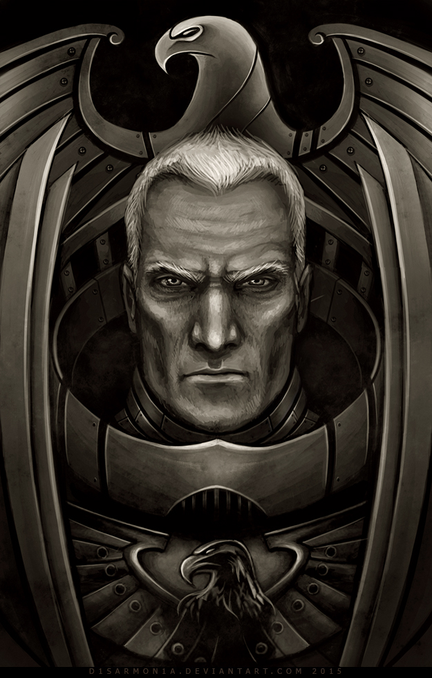 1boy aquila_(symbol) armor black_background breastplate closed_mouth commentary dated deviantart_username english_commentary imperial_fists looking_at_viewer male_focus monochrome ornate_armor portrait power_armor primarch rogal_dorn short_hair simple_background solo straight-on veronica_anrathi warhammer_40k watermark web_address white_hair