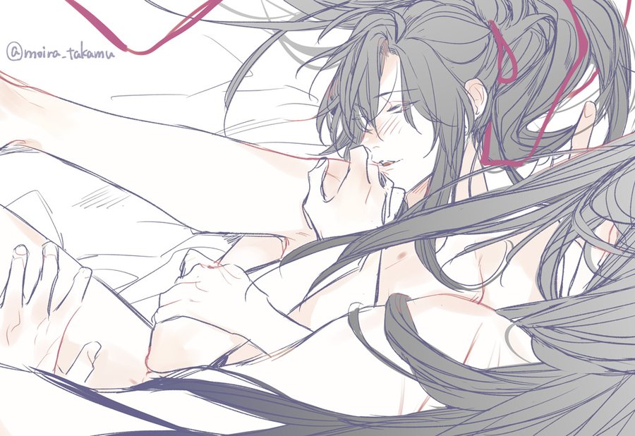 2boys bed_sheet black_hair blush completely_nude from_above hair_ribbon half-closed_eyes holding_another&#039;s_arm implied_sex lan_wangji leg_grab long_hair looking_at_another lying male_focus modao_zushi moirae multiple_boys nude on_bed open_mouth parted_lips ponytail red_eyes red_ribbon ribbon sex sketch spread_legs twitter_username wei_wuxian yaoi