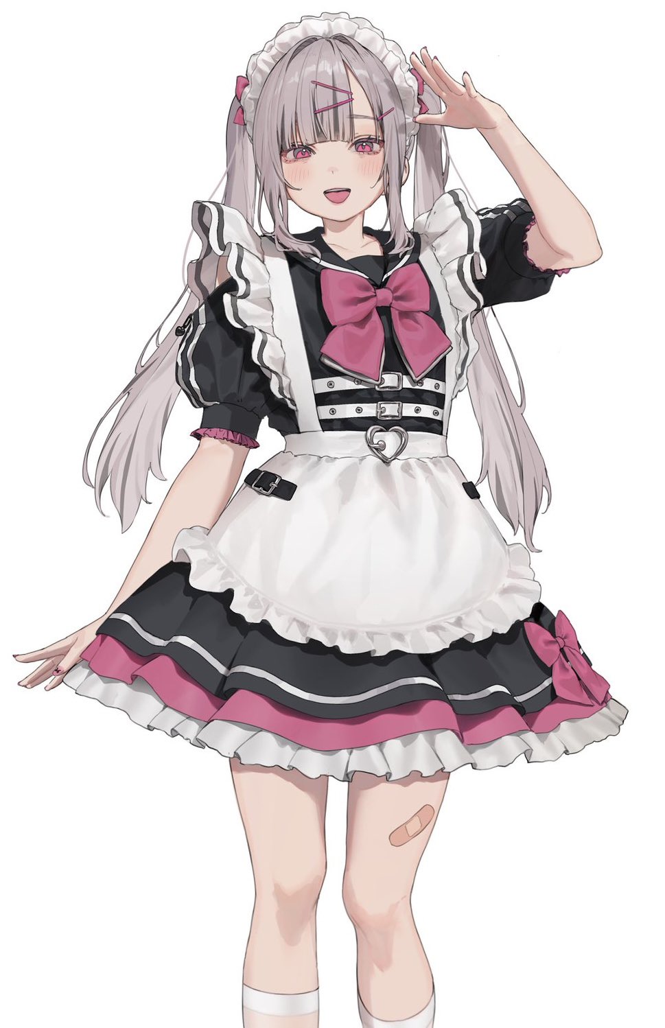 1girl :d apron belt black_dress cowboy_shot dress grey_hair hair_ornament hairclip hamunezuko_(nezukonezu32) highres kneehighs layered_dress long_hair long_sidelocks maid_apron maid_headdress maidcafe_magical_lollipop open_mouth pink_eyes salute sidelocks simple_background smile socks solo standing tachi-e twintails white_background