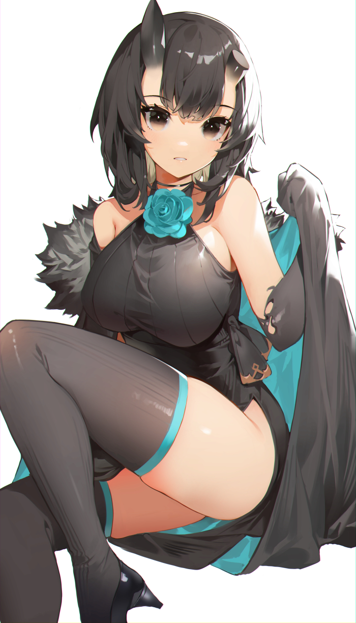 1girl akizone alchemy_stars aqua_flower aqua_rose bare_shoulders black_hair black_horns black_shoes black_thighhighs breasts broken_horn brown_eyes flower highres horns large_breasts legs looking_at_viewer parted_lips rose sariel_(alchemy_stars) shoes simple_background sitting solo thighhighs thighs white_background