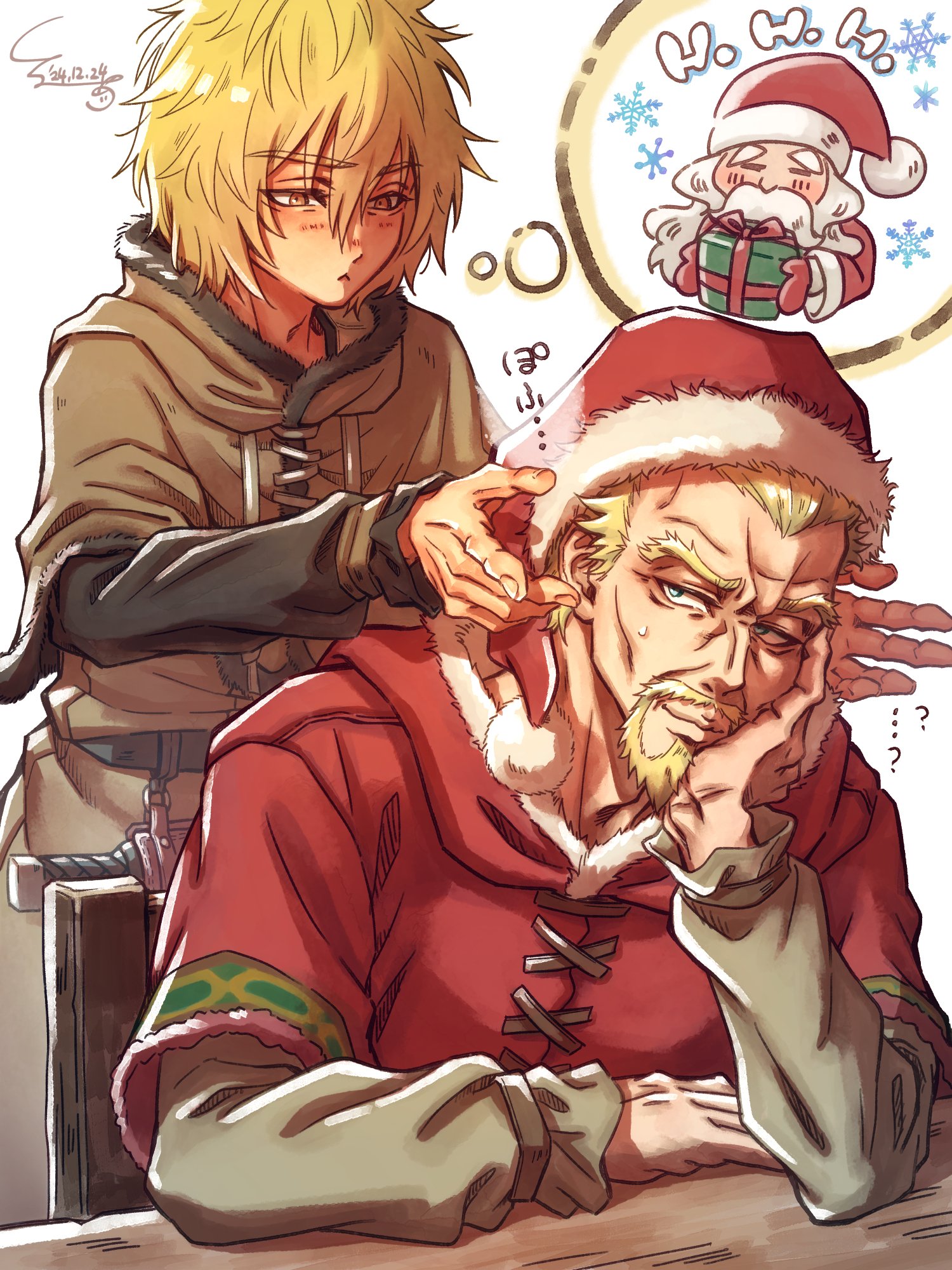 3boys askeladd black_shirt blonde_hair blue_eyes brown_capelet brown_eyes capelet child facial_hair fur-trimmed_capelet fur-trimmed_headwear fur_trim furrowed_brow gift goatee hair_between_eyes hat head_on_hand highres holding holding_gift light_blush male_focus mature_male multiple_boys santa_claus santa_costume santa_hat shirt shirube_akashi short_hair sweatdrop thorfinn vinland_saga white_background white_hair