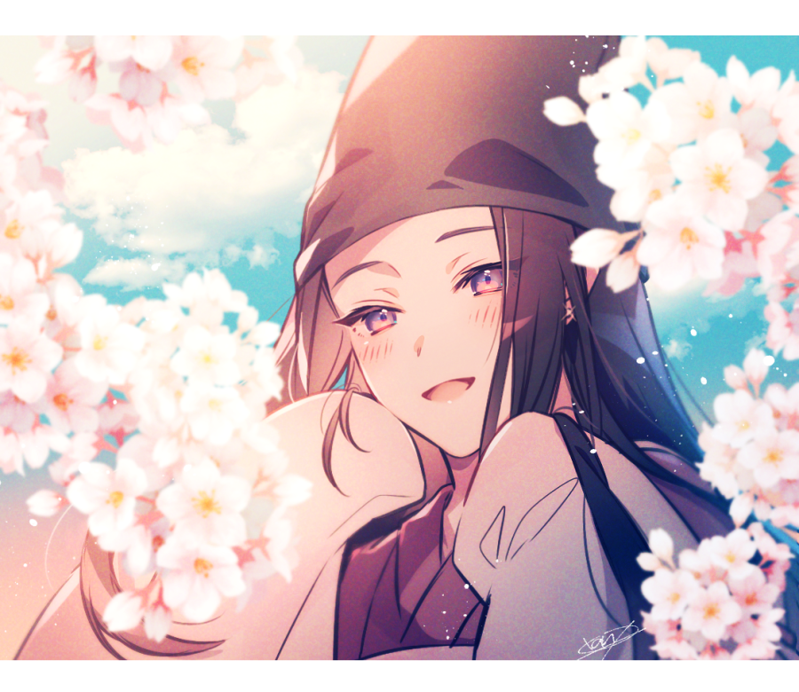 1boy :d black_hair black_hat blue_sky blurry blush branch day depth_of_field earrings flower fujiwara_no_sai glint hands_up hat hikaru_no_go japanese_clothes jewelry kariginu letterboxed long_hair long_sleeves looking_afar male_focus open_mouth petals portrait purple_eyes sky sleeves_past_fingers sleeves_past_wrists smile solo tate_eboshi white_flower yuiki_yuu