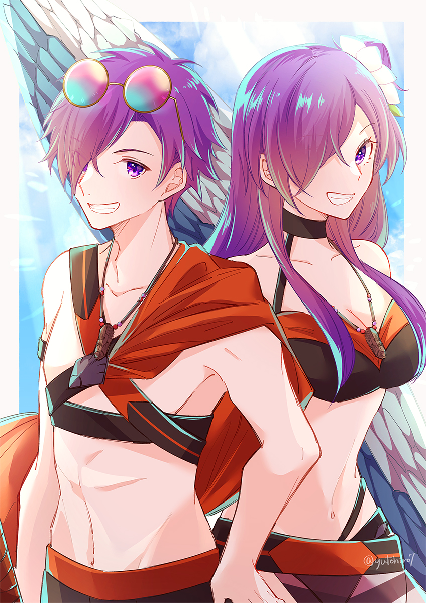 1boy 1girl bikini black_bikini black_male_swimwear black_swim_trunks breasts cleavage collarbone commentary eyewear_on_head female_shez_(fire_emblem) female_shez_(summer)_(fire_emblem) fire_emblem fire_emblem:_three_houses fire_emblem_heroes fire_emblem_warriors:_three_hopes hair_over_one_eye hand_on_own_hip highres long_hair male_shez_(fire_emblem) male_shez_(summer)_(fire_emblem) male_swimwear medium_breasts navel nintendo official_alternate_costume one_eye_covered purple_eyes purple_hair short_hair stomach swim_trunks swimsuit teeth twitter_username yutohiroya