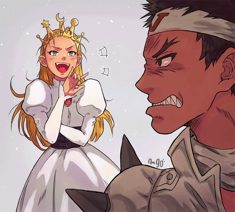 1boy 1girl belt_around_waist blonde_hair blue_eyes brown_hair chest_jewel clenched_teeth crown cyberbots devilot_de_deathsatan_ix dress forehead frown gem hand_to_own_mouth hand_up headband jeweled_crown juliet_sleeves jumpsuit long_dress long_hair long_sleeves looking_at_another looking_to_the_side mango_(mgosketches) ojou-sama_pose open_mouth princess profile puffy_sleeves red_gemstone saotome_jin scarf sharp_teeth short_hair shoulder_spikes smile spikes teeth upper_teeth_only v-shaped_eyebrows white_dress white_headband white_jumpsuit white_scarf