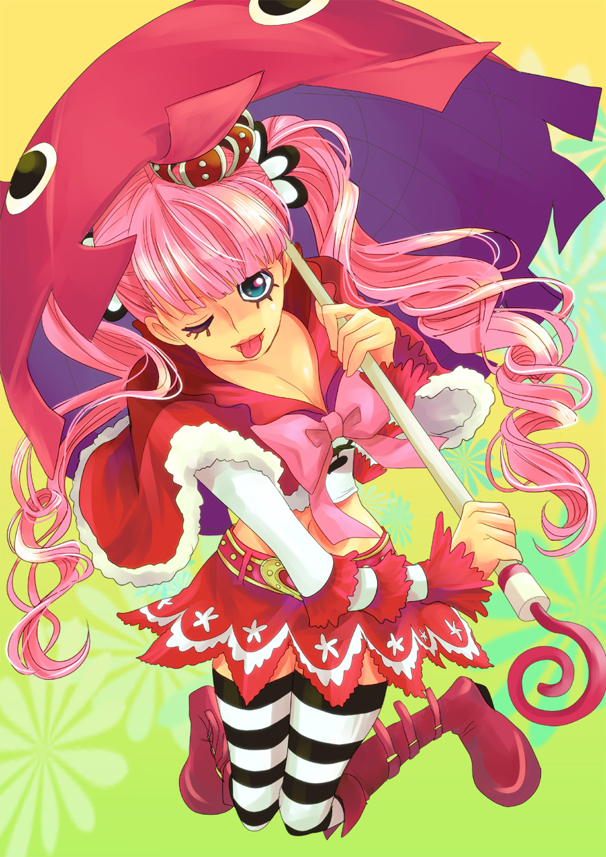 1girl breasts cleavage crown female_focus highres himerinco one_eye_closed one_piece perona pink_hair red_shoes red_skirt shoes short_cape skirt solo striped_legwear tongue tongue_out twintails umbrella wink