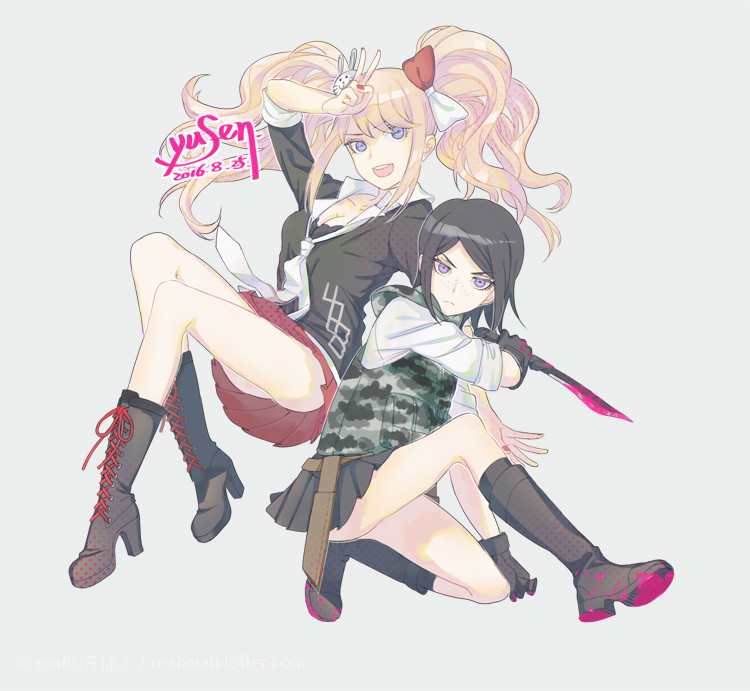 2016 2girls ass black_footwear black_gloves black_hair black_necktie black_skirt blonde_hair blood blood_on_clothes blood_on_feet bloody_knife bloody_weapon blue_eyes boots bow breasts calf_boots camouflage camouflage_jacket camouflage_vest cleavage closed_mouth collarbone danganronpa:_trigger_happy_havoc danganronpa_(series) enoshima_junko eyebrows fingernails freckles frown full_body gloves grey_background hair_bow hair_ornament high_heel_boots high_heels holding holding_knife holding_weapon ikusaba_mukuro jacket kneeling knife long_hair long_sleeves looking_at_viewer medium_breasts multicolored_bow multicolored_headwear multicolored_necktie multiple_girls nail_polish necktie nose open_mouth pink_blood pleated_skirt rabbit_hair_ornament red_bow red_nails red_skirt shirt siblings signature simple_background sisters sitting skirt small_breasts teeth thighs twins upper_teeth_only v weapon white_bow white_necktie white_shirt