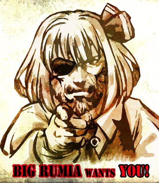beard big_boss commentary_request english_text eyepatch facial_hair five-seven_(0verlimits) hair_ribbon i_want_you metal_gear_(series) pointing pointing_at_viewer poster_parody ribbon rumia short_hair solo touhou upper_body