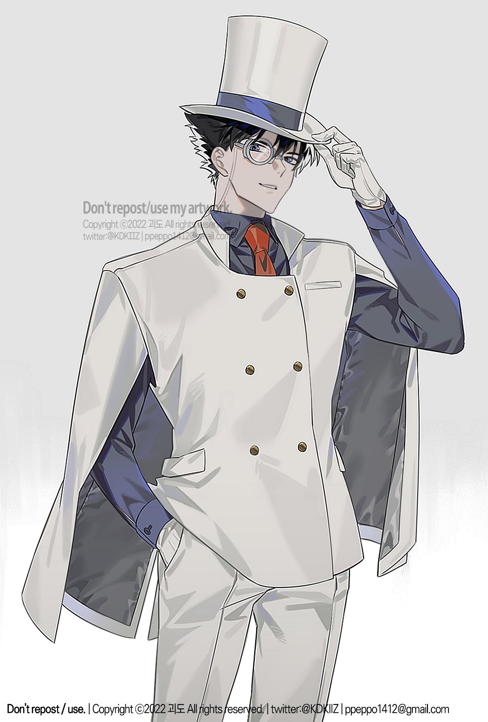 1boy black_hair blue_hair blue_shirt bow bowtie buttons cape collared_shirt cowboy_shot double-breasted gloves grin hand_in_pocket hand_on_headwear hat highres jacket kaitou_kid kidkuroba4869 long_sleeves looking_at_viewer magic_kaito male_focus meitantei_conan monocle pants red_bow red_bowtie shirt short_hair simple_background smile solo top_hat watermark white_background white_cape white_gloves white_hat white_jacket white_pants