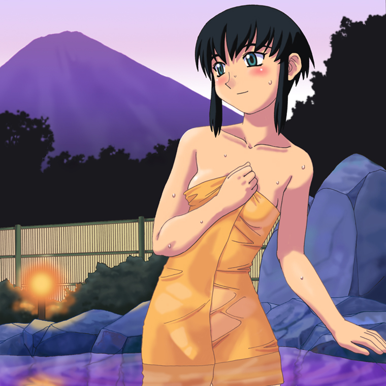 1990s_(style) 1girl azuma_kiyohiko bare_arms bare_shoulders black_hair blush breasts closed_mouth collarbone fence green_eyes hand_on_own_chest kumashiro_sakuya mountain naked_towel onsen outdoors retro_artstyle rock shin_tenchi_muyou! short_hair sidelocks small_breasts solo tenchi_muyou! towel