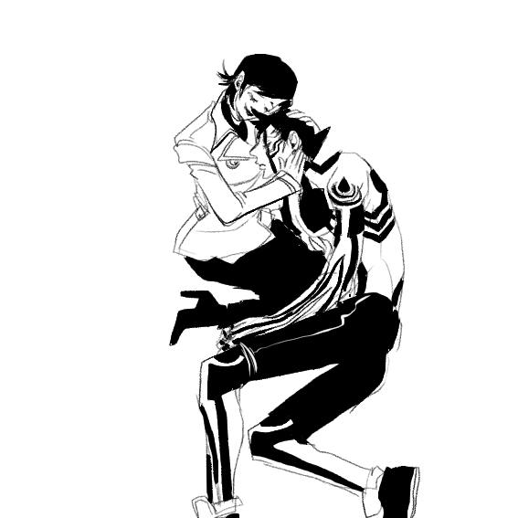 1boy 1girl body_markings closed_eyes coat demi-fiend full-body_tattoo greyscale hand_around_neck hand_on_another&#039;s_head high_heels horns hug jacket monochrome nejikoujyouo pants shin_megami_tensei shin_megami_tensei_iii:_nocturne shoes short_hair shorts single_horn sketch smile sneakers takao_yuko tattoo teacher_and_student topless_male white_background