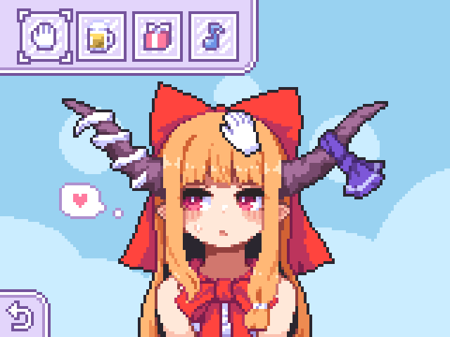 1girl bare_shoulders beer_mug blue_background blush bow bowtie box brown_horns commentary_request cup gameplay_mechanics gift gift_box hair_bow heart horn_ornament horn_ribbon horns ibuki_suika kumamoto_(bbtonhk2) long_hair mug musical_note orange_hair pixel_art purple_ribbon red_bow red_bowtie red_eyes ribbon shirt sidelocks sleeveless sleeveless_shirt solo spoken_heart sweatdrop touhou upper_body white_shirt