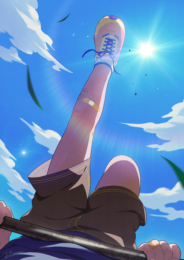 1boy bandaid bandaid_on_hand bandaid_on_knee bandaid_on_leg black_shorts blue_shirt blue_sky child cloud diffraction_spikes dirty feet horizontal_bar legs lens_flare male_focus noeyebrow_(mauve) original pov pov_legs shirt shoelaces shoes shorts signature sky socks solo sun sunlight wind