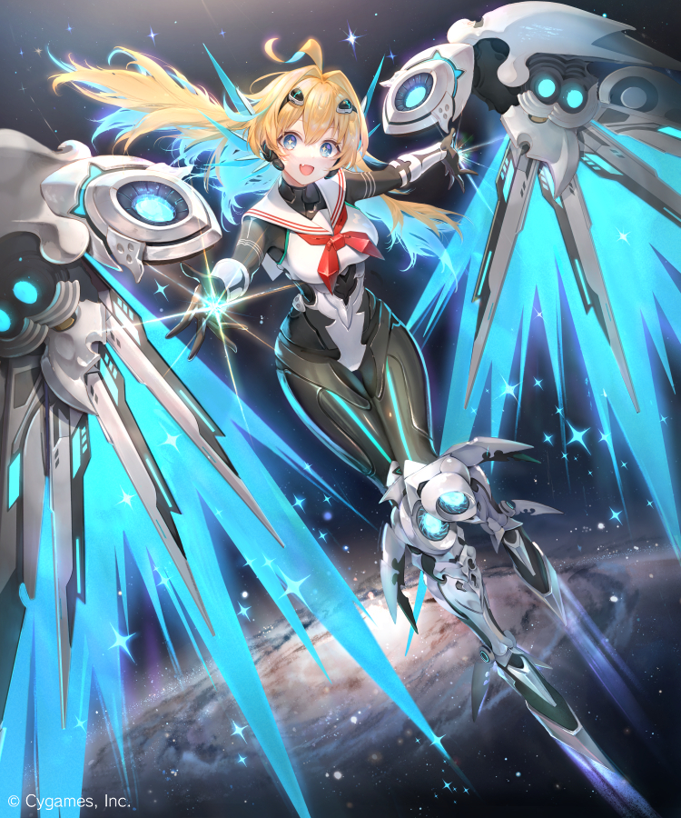 1girl ahoge android blonde_hair blue_eyes blue_hair breasts commentary_request company_name fang flying full_body hair_between_eyes hair_intakes hair_ornament kouyafu large_breasts long_hair looking_at_viewer mechanical_legs mechanical_wings multicolored_hair official_art open_mouth outstretched_arms ralmia_(shadowverse) sailor_collar shadowverse sky smile solo star-shaped_pupils star_(sky) star_(symbol) starry_sky symbol-shaped_pupils thrusters two-tone_hair wings