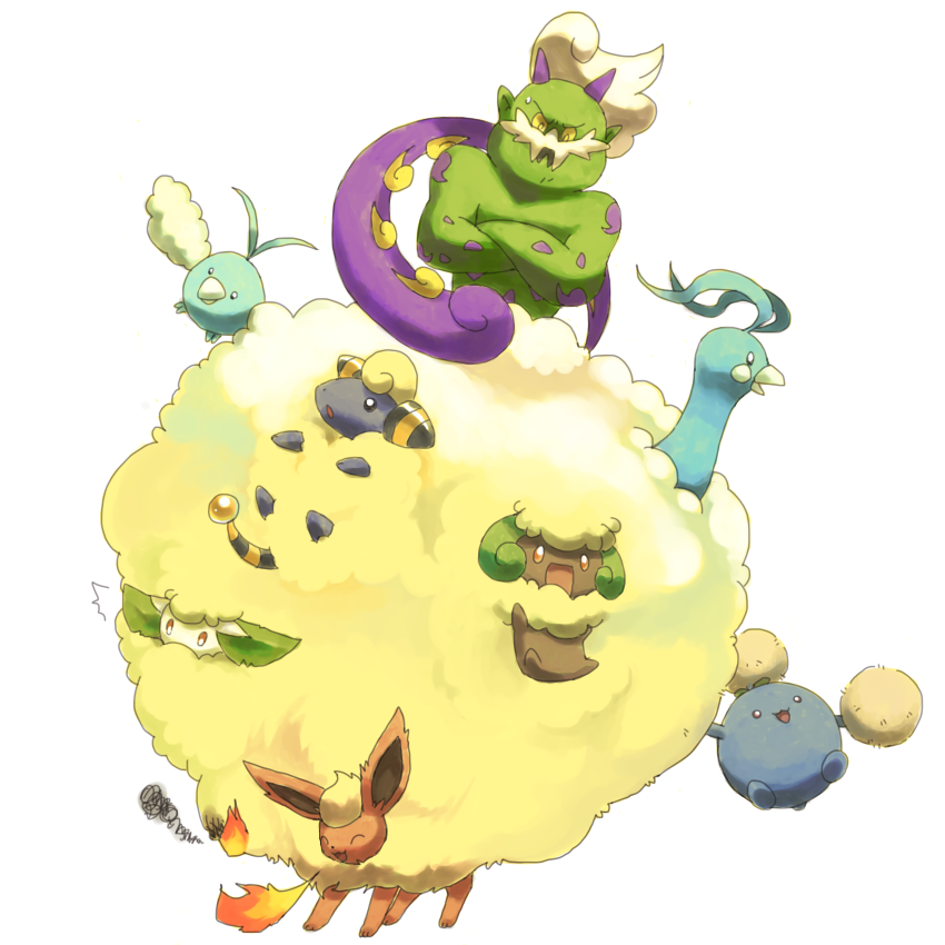 ^_^ altaria beak closed_eyes cottonee crossed_arms facial_hair fire flareon gen_1_pokemon gen_2_pokemon gen_3_pokemon gen_5_pokemon happy horns jumpluff legendary_pokemon mareep nintendo no_humans open_mouth pokemon pokemon_(creature) sheep simple_background smile swablu sweatdrop tail tornadus tornadus_(incarnate) whimsicott white_background wings yellow_eyes