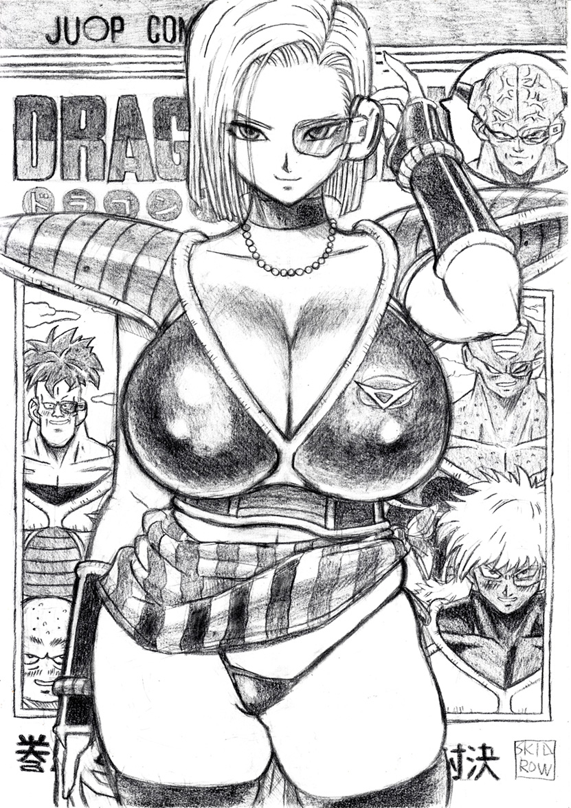1girl adjusting_eyewear android_18 armor blush body_switch breasts captain_ginyu cleavage comic cover curvy dragon_ball dragon_ball_super dragonball_z female_focus ginyu_force huge_breasts jewelry large_breasts looking_at_viewer necklace personality_switch scouter sex short_hair smile smirk solo standing thick_thighs thighs thong tinted_eyewear