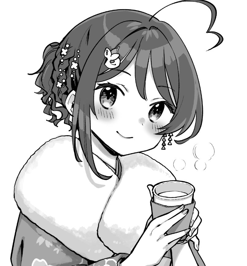 1girl ahoge alternate_costume chougei_(kancolle) chougei_(new_year)_(kancolle) commentary_request cup disposable_coffee_cup disposable_cup fur-trimmed_kimono fur_trim haregi head_tilt holding holding_cup japanese_clothes kantai_collection kimono kirisawa_juuzou looking_at_viewer monochrome simple_background smile solo wavy_hair