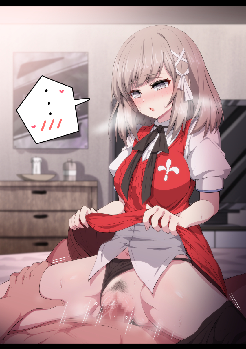 ... 1boy 1girl black_neckwear black_panties blush censored clothes_lift clothing_aside cowgirl_position cue! dress dress_lift female_pubic_hair fumutarou girl_on_top grey_eyes hair_ornament heart hetero highres indoors lifting_own_clothes light_brown_hair medium_hair mosaic_censoring motion_lines mutsuishi_haruna navel on_bed open_mouth panties panties_aside penis pubic_hair puffy_short_sleeves puffy_sleeves pussy red_dress sex short_sleeves spoken_blush spoken_ellipsis spoken_heart straddling sweat television thigh_grab underwear vaginal x_hair_ornament