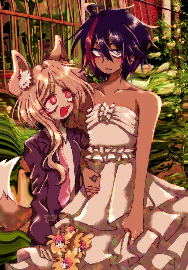 black_hair blush bouquet brown_hair dress flower holding holding_bouquet jewelry non-web_source ouka_miko red_eyes ring rook_(utau) utau vippaloid wedding wedding_dress wedding_suit