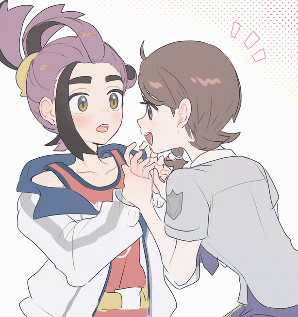 1boy 1girl black_hair brown_eyes brown_hair commentary_request eye_contact grey_shirt hands_up holding_hands jacket juliana_(pokemon) kieran_(pokemon) looking_at_another multicolored_hair mxkjxm_(nhss2337) necktie nintendo notice_lines open_clothes open_jacket open_mouth pokemon pokemon_sv purple_hair red_shirt shirt short_sleeves shorts sleeveless sleeveless_shirt teeth two-tone_hair white_background white_jacket